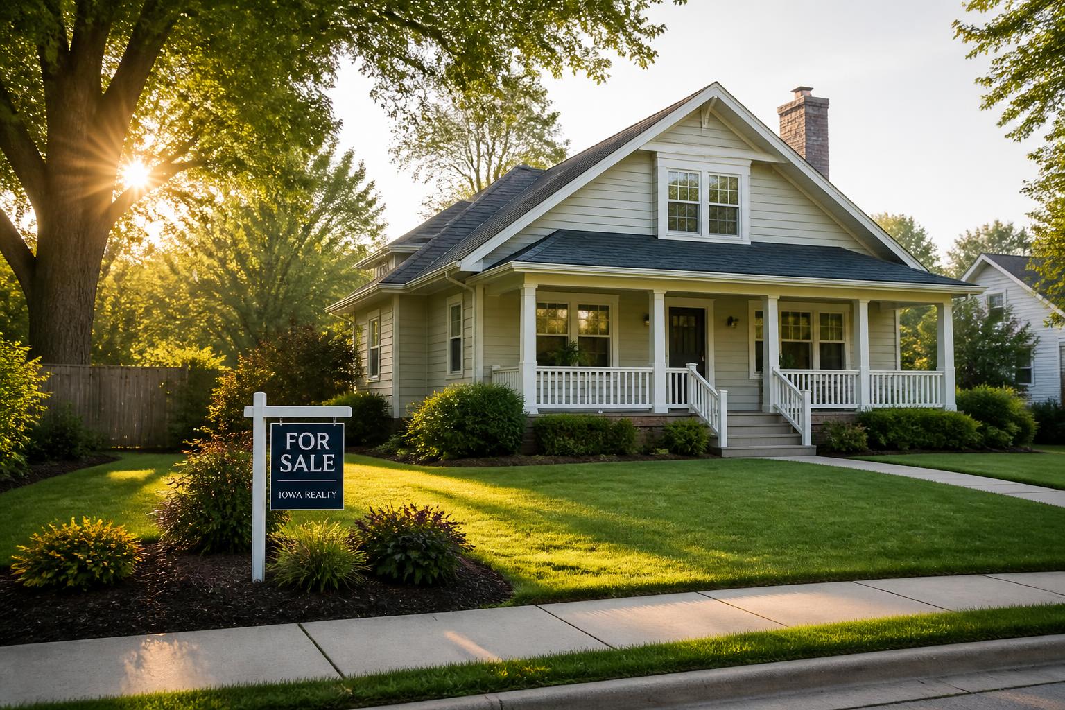 A quiet suburban house with a neatly trimmed lawn and trees in early morning light, representing an inherited vacant home.