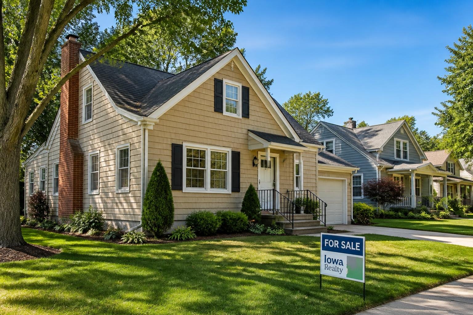 A quiet, vacant suburban house in Iowa with a 'For Sale' sign in the yard, surrounded by trees and other homes on a clear day.